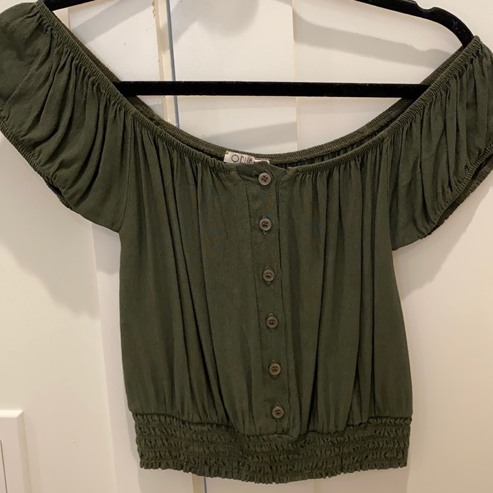 Off the shoulder button up shirt— olive green.
